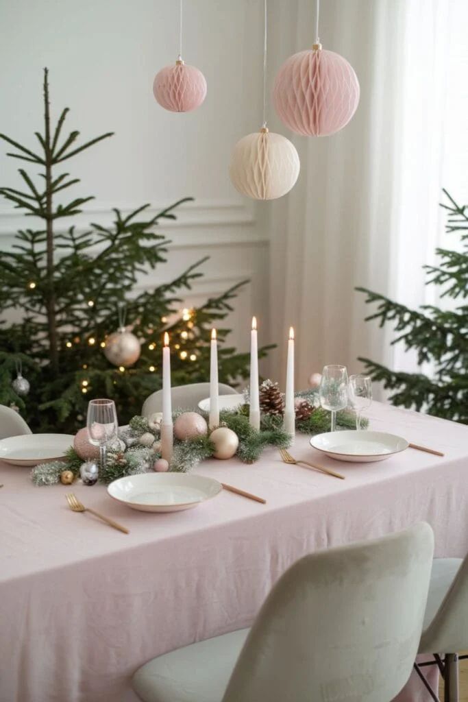 Light pink dining table with frosted garland and hanging paper ornaments.