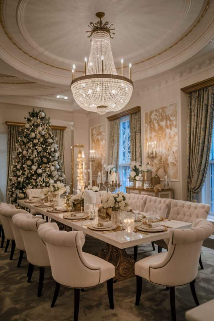Luxury dining room with a grand crystal chandelier and white tufted chairs.