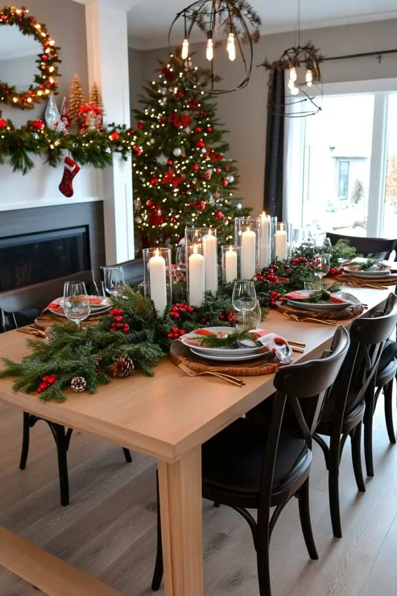 Modern dining table with rich green garland and white candles.