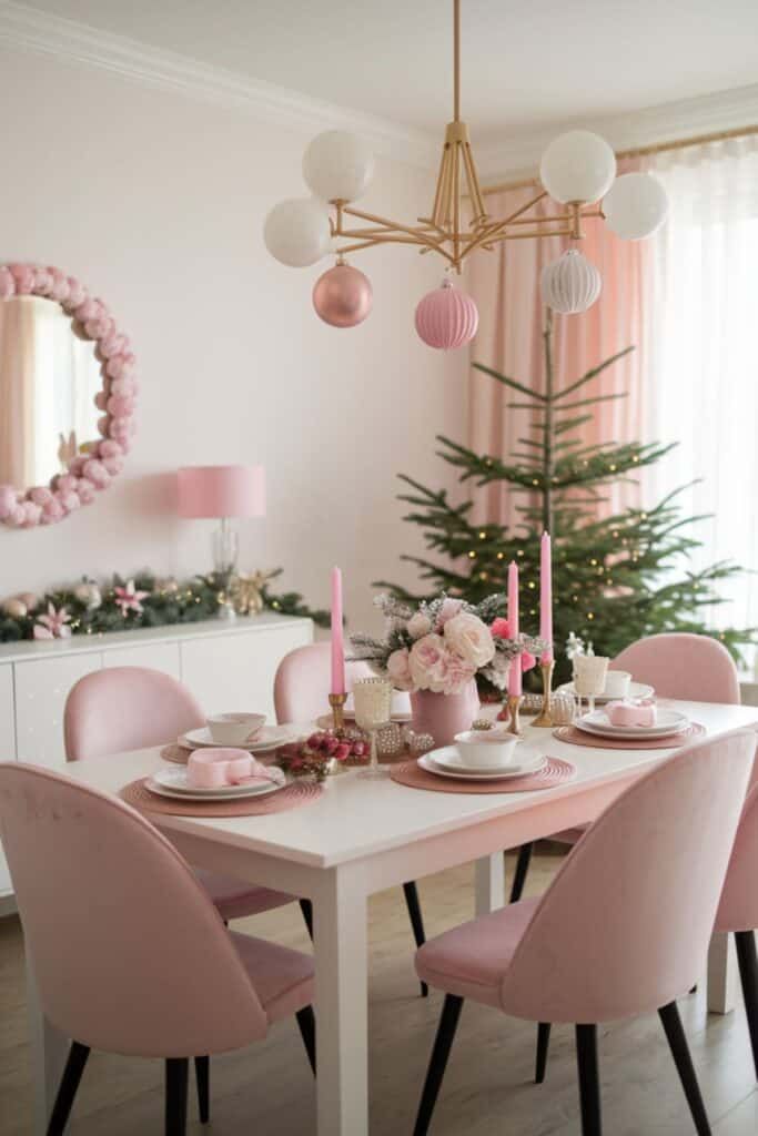 Pink dining room with pink chairs, pink candles, and a pink bauble chandelier.