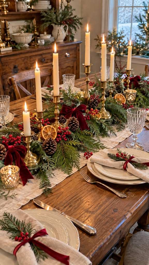 Rustic wooden table with pine garland, red ribbon, and brass candlesticks.