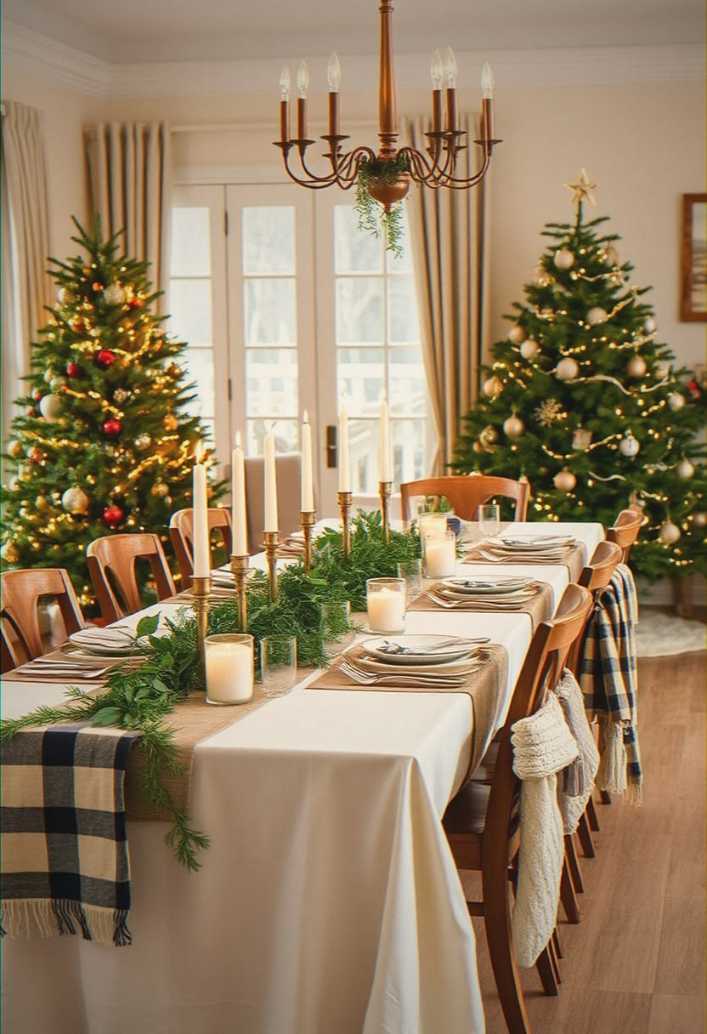 Dining table with buffalo plaid runner, lit miniature trees, and rustic wooden chairs.