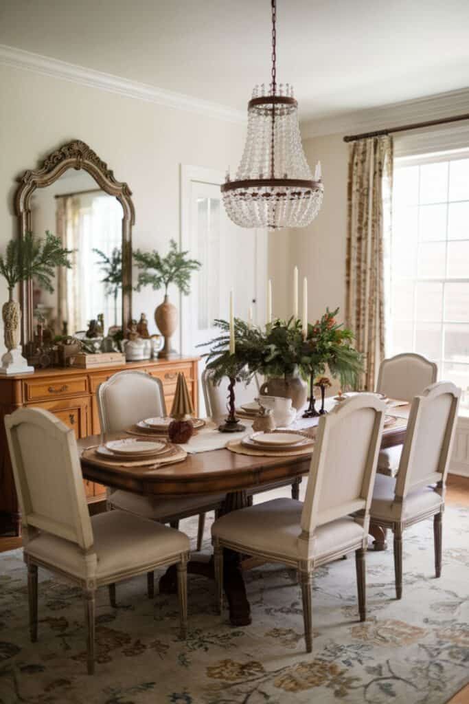 Vintage dining room with beige chairs, crystal chandelier, and a sprawling pine branch centerpiece.