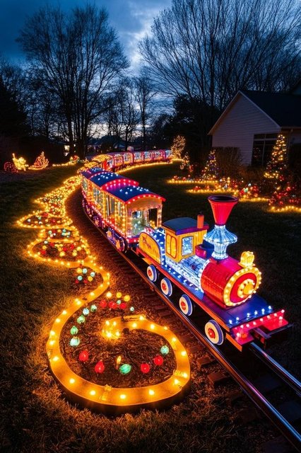 Front lawn wireframe holiday express train with warm micro fairy lights, metallic brass details.