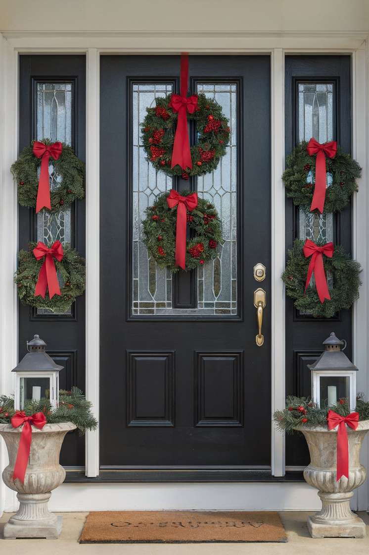 Dark forest green Christmas front door featuring plush burgundy velvet ribbons and fresh pine branches