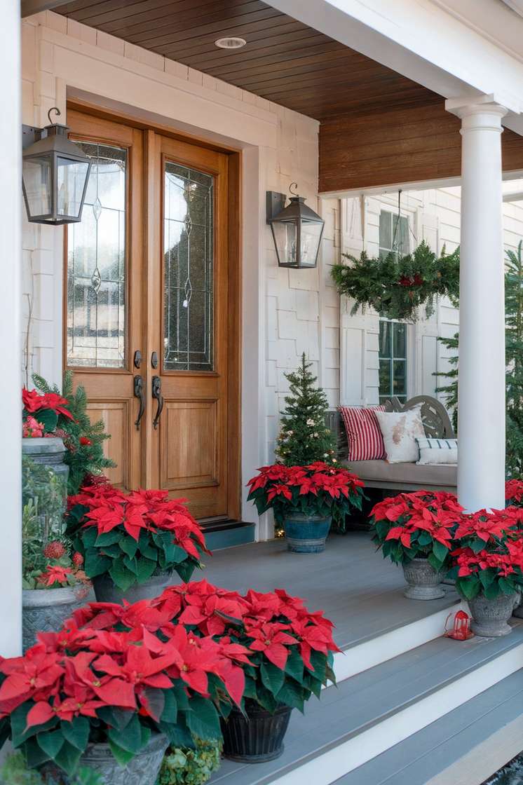 Front door Christmas display with cascading cedar garland and warm terracotta pots filled with pine branches