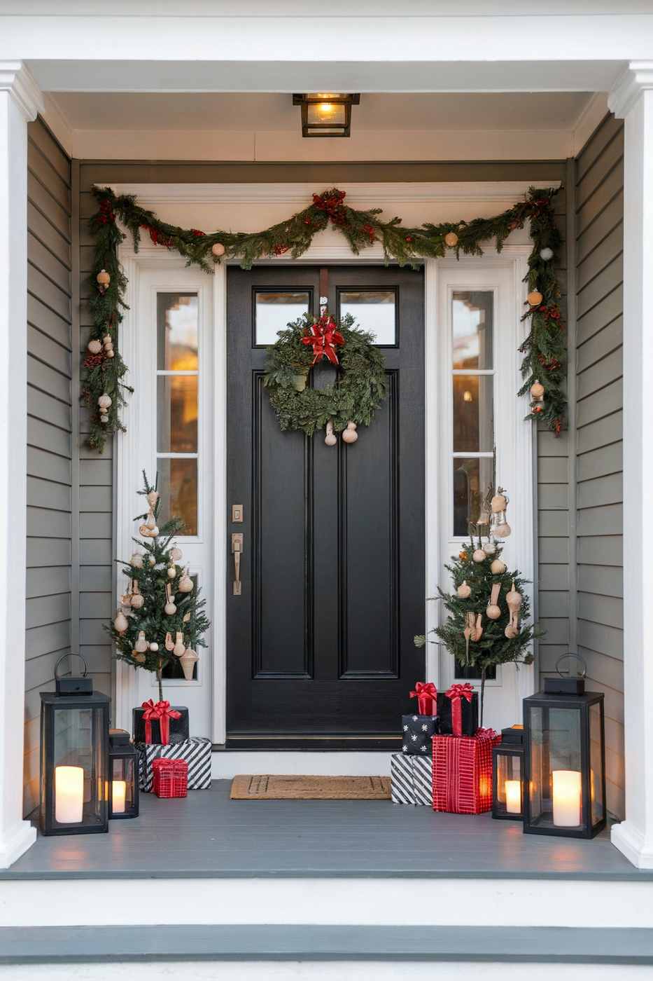Scandinavian style front door Christmas display with white birch logs, red berries, and natural cedar wreath