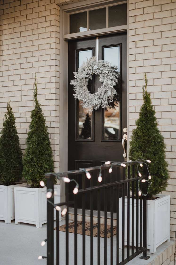 Front door decorated with dried orange slice garlands, copper buckets, and warm pine greenery