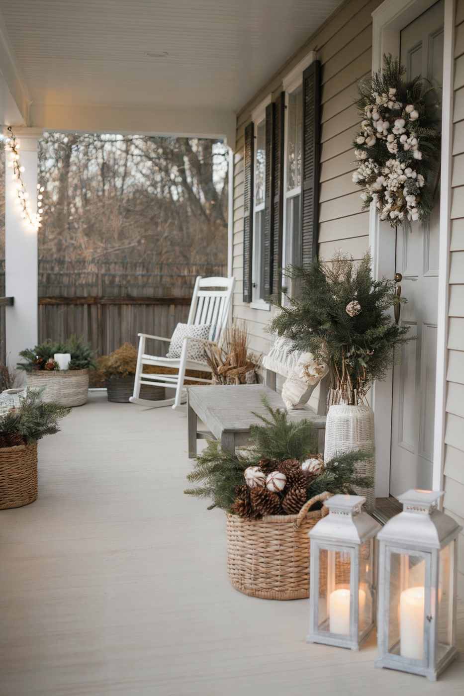 Colonial style double front door with heavy asymmetrical evergreen garland draped on one side with lights