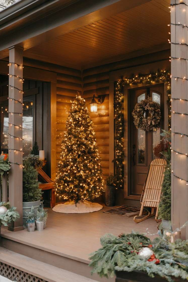 Cottagecore Christmas door featuring rustic brass bells, chunky knit blanket on porch bench, and pine swag