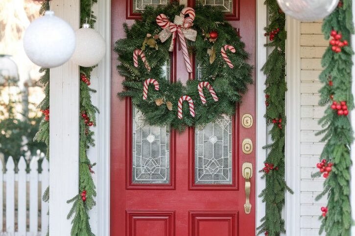 Christmas entryway with layered buffalo plaid doormat, traditional red holly wreath, and red bows