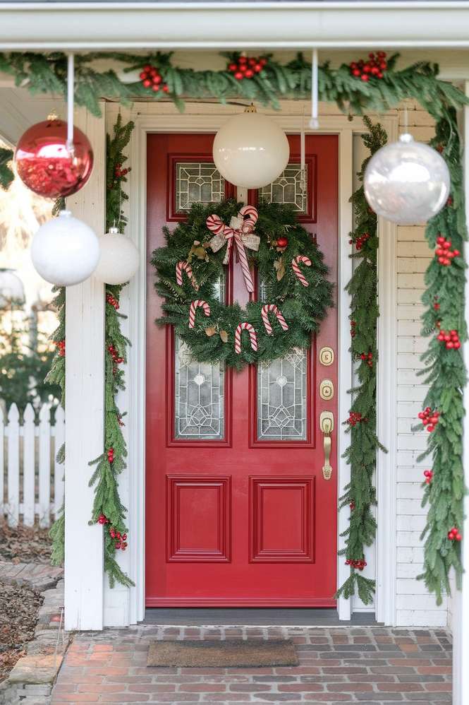 Frosted Christmas door archway made with silver dollar eucalyptus, white berries, and frosted pinecones