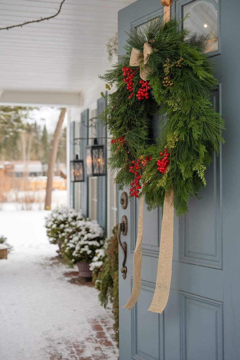 Coastal Christmas front door featuring a driftwood wreath, pinecones, sea glass, and navy ribbon accents