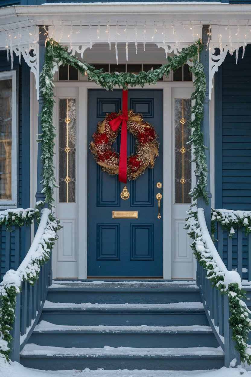 Front porch filled with illuminated mini potted evergreen trees wrapped in micro LED fairy lights