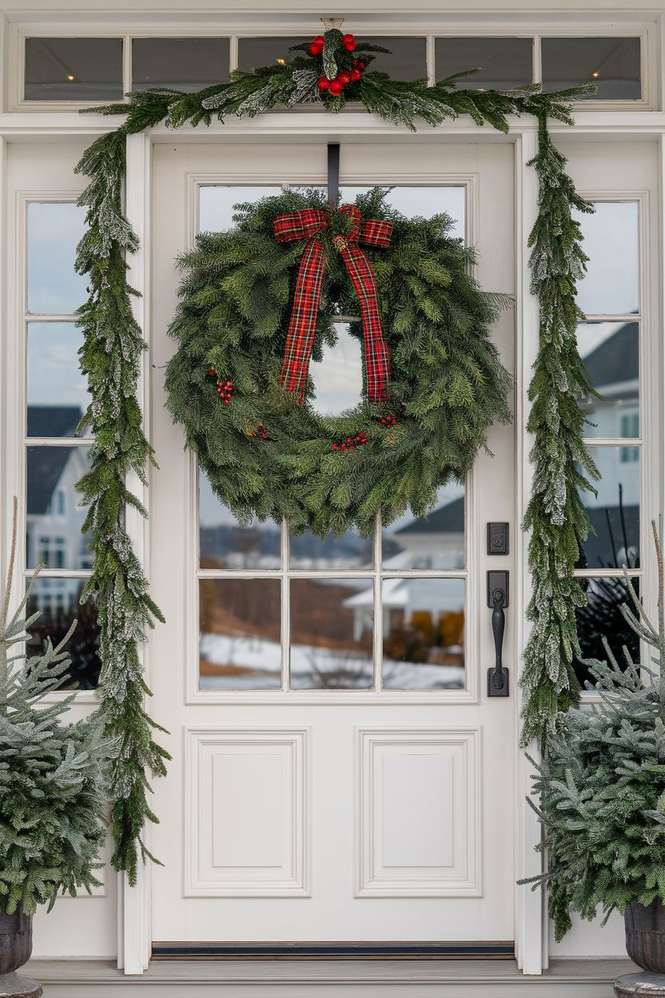 Farmhouse front door decor featuring an antique wooden sled, woven basket with pine, and red plaid scarf