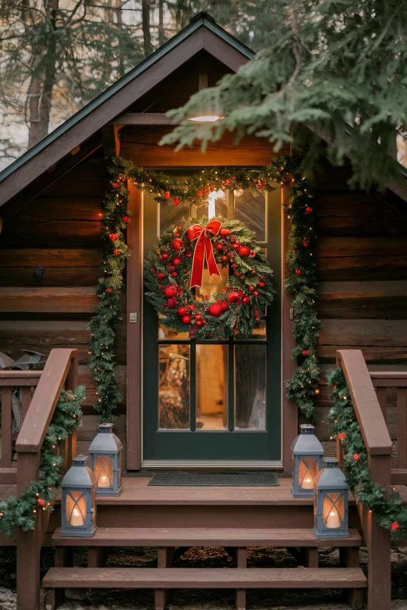 Modern Scandinavian front door framed with white birch branches, silver dollar eucalyptus, and simple wreath