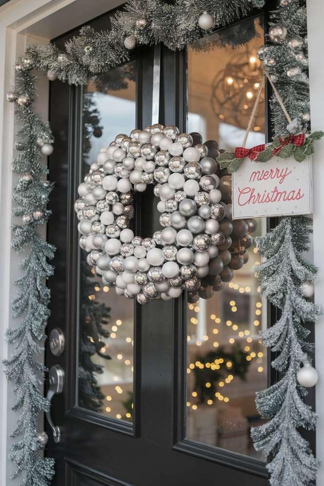Parisian style front door featuring olive leaf wreath with dramatic long burgundy velvet bows