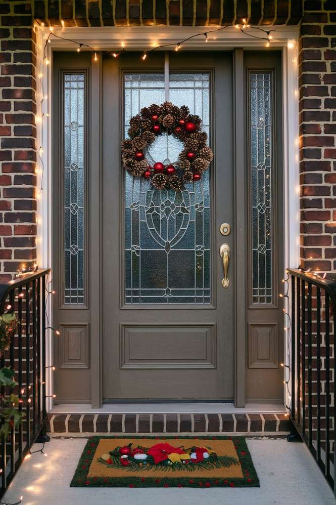 Front door decorated with golden ochre ribbons, frosted fir garland, and warm wooden lantern accents