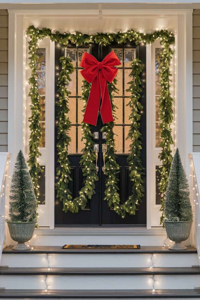 Luxurious front door display featuring monochromatic emerald ornaments, gold pinecones, and thick spruce garland