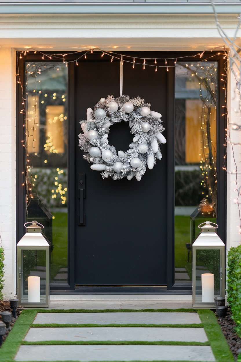 Front porch with layered woven doormats and a trio of mismatched metal lanterns holding pillar candles