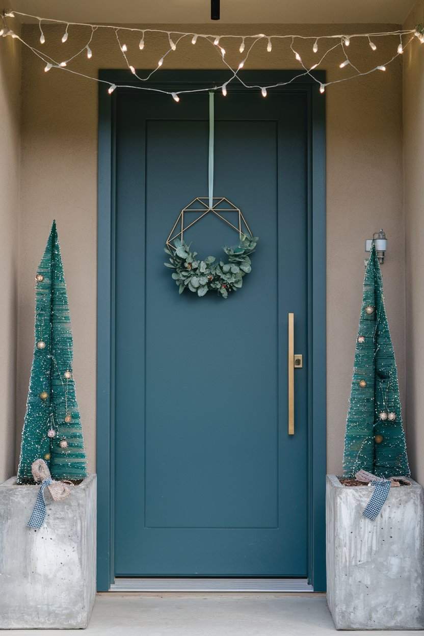 Double front door framed by twin illuminated Fraser fir trees in stone urns and pinecone door swag