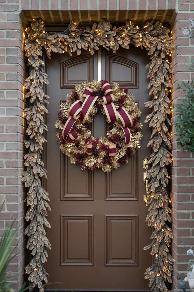 Traditional Christmas front door decorating ideas featuring deep red ribbons and lush green pine wreaths.
