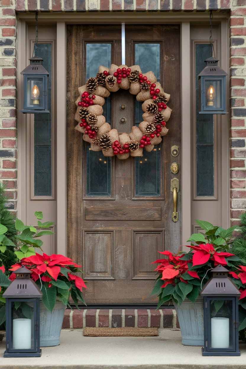 Cozy farmhouse style christmas front door decorating ideas with wooden crates and galvanized lanterns.
