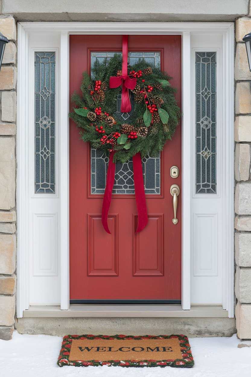 Sleek modern christmas front door decorating ideas with black ornaments and monochromatic white decor.