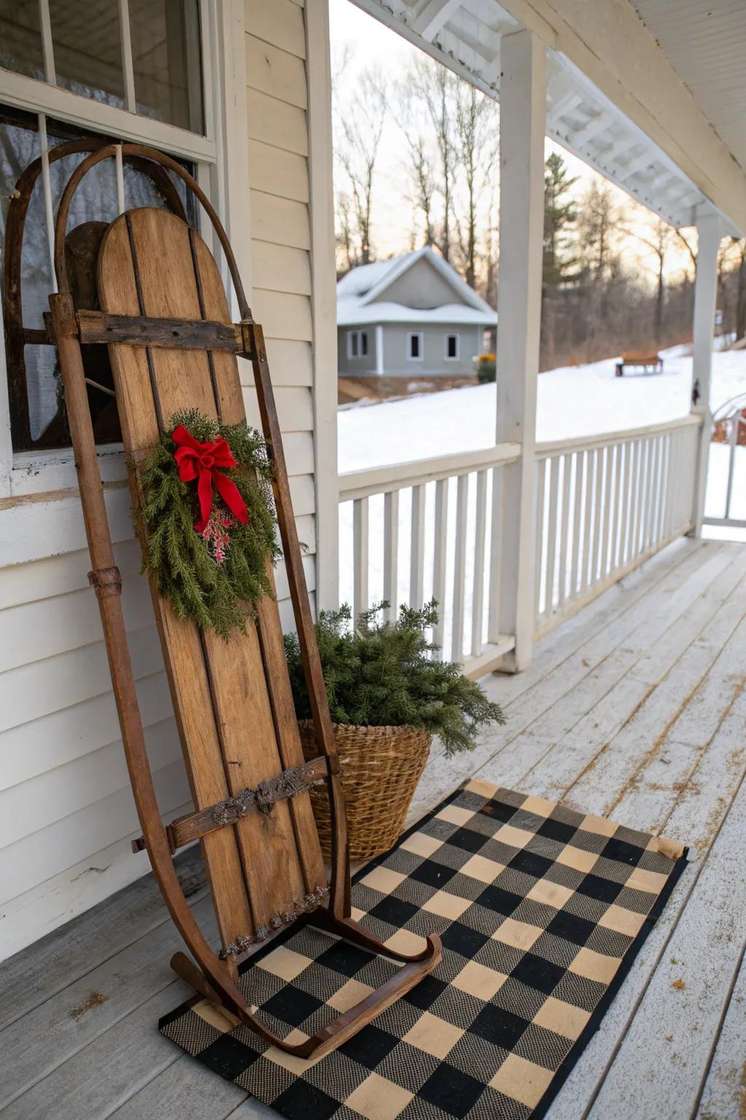 Cozy Scandinavian christmas front door decorating ideas with simple pine branches and white fur.
