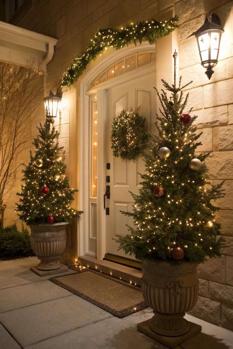 Snowy and frosted christmas front door decorating ideas with flocked greenery and silver accents.