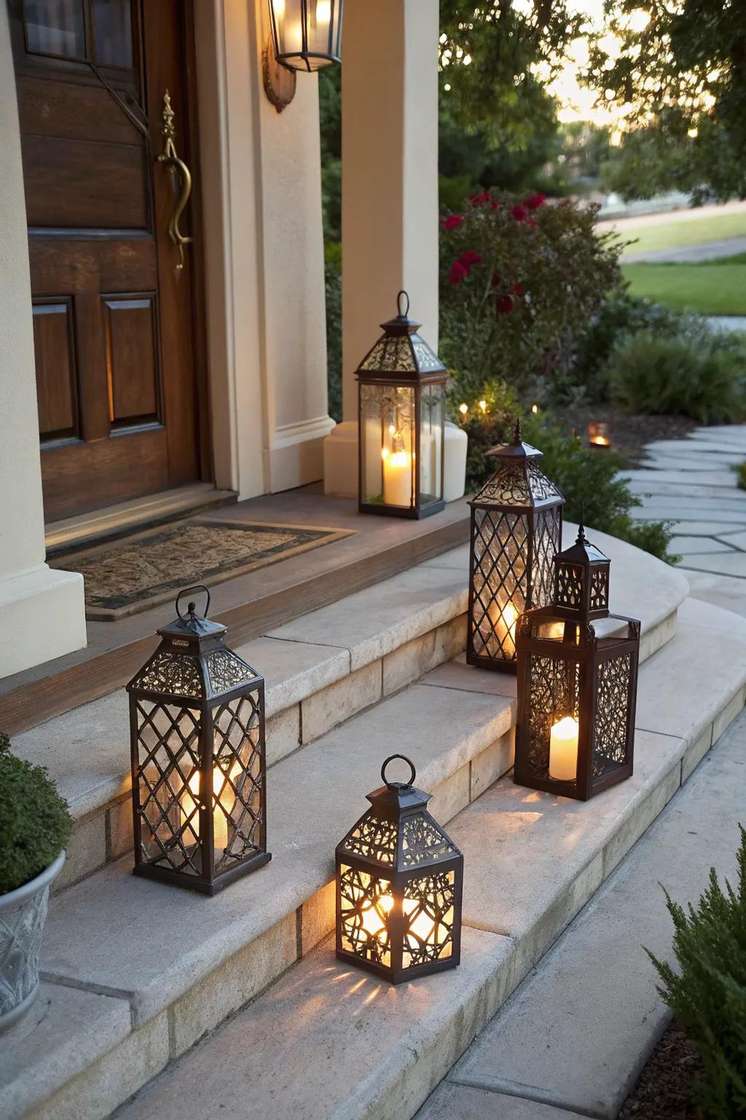 Glowing christmas front door decorating ideas with hanging stars and warm string lights.