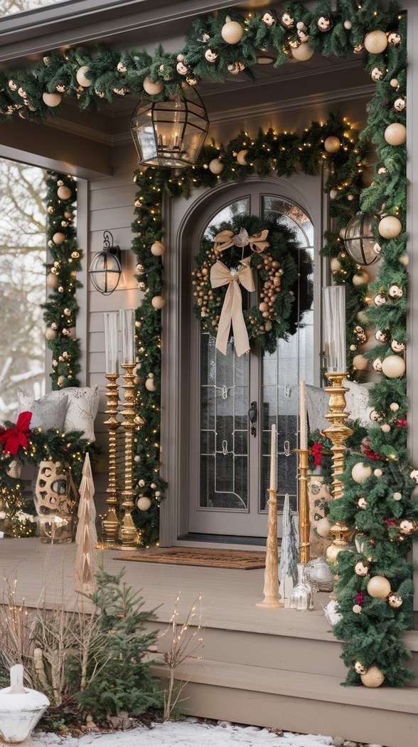 Beach-themed christmas front door decorating ideas with seashells and blue ribbon.