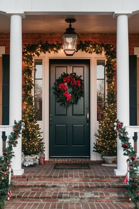 Modern christmas front door decorating ideas featuring metallic copper ornaments and dark pine.
