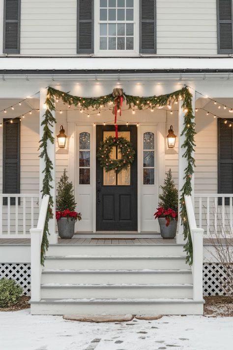 Elegant christmas front door decorating ideas for homes with stairs, featuring garland-wrapped railings.