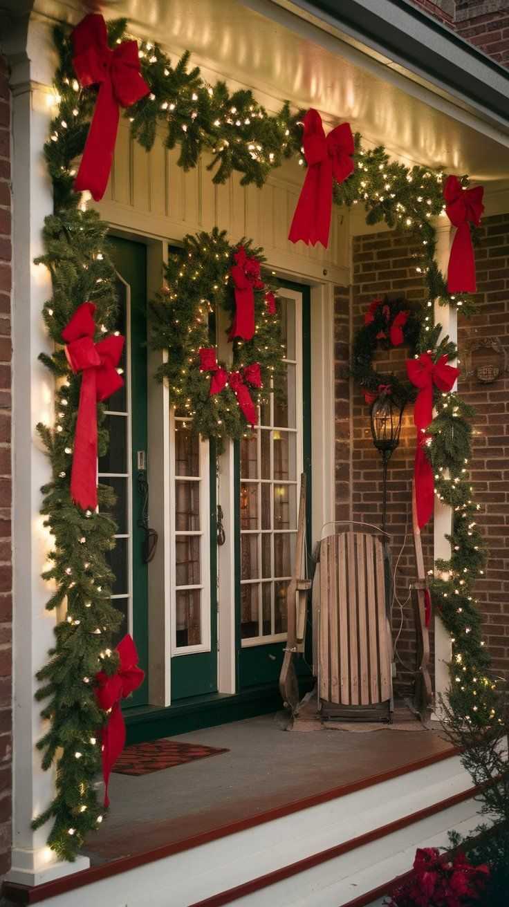 Cozy christmas front door decorating ideas with a decorated wooden bench and pillows.