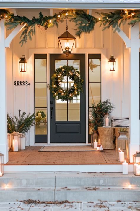 Charming christmas front door decorating ideas with silver bells and white ribbon.