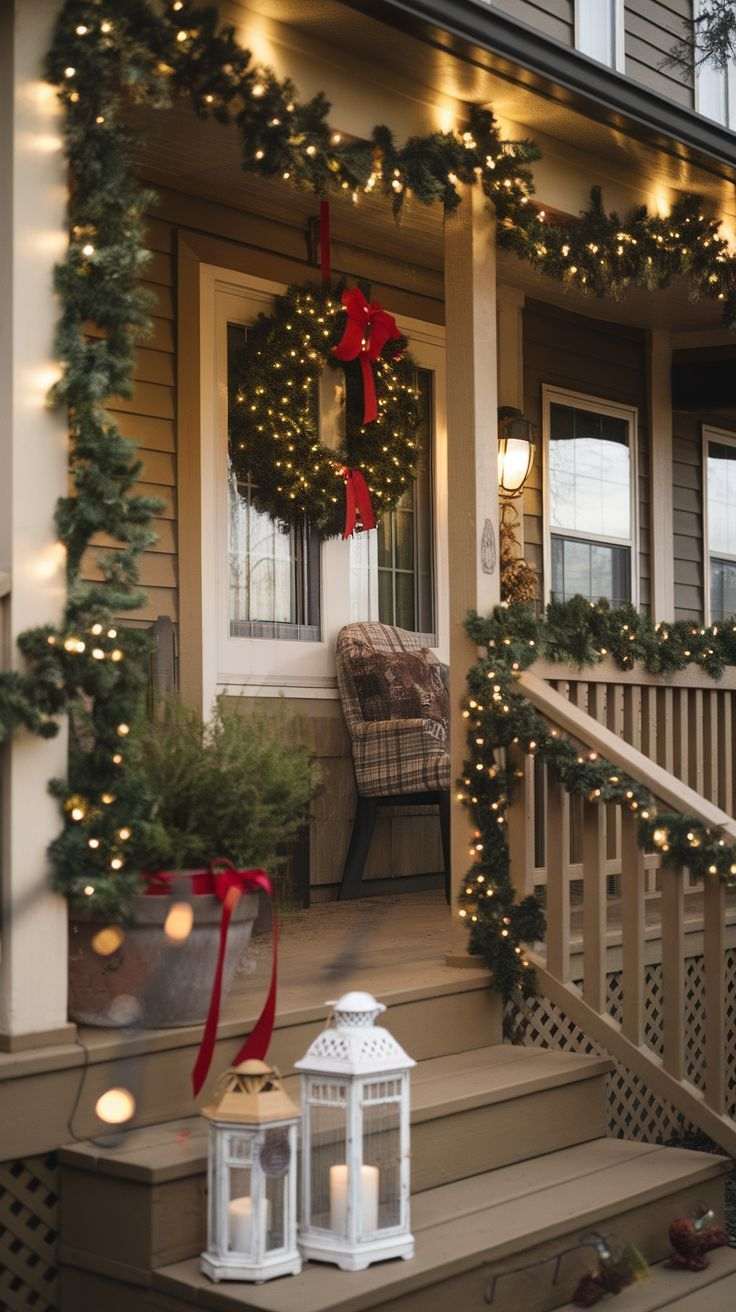 Symmetrical christmas front door decorating ideas with potted cypress trees in matching urns.
