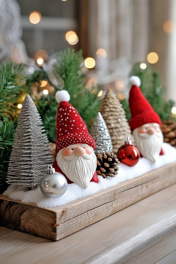 Fun mantel display with colorful Christmas gnomes nestled in faux evergreen garland.