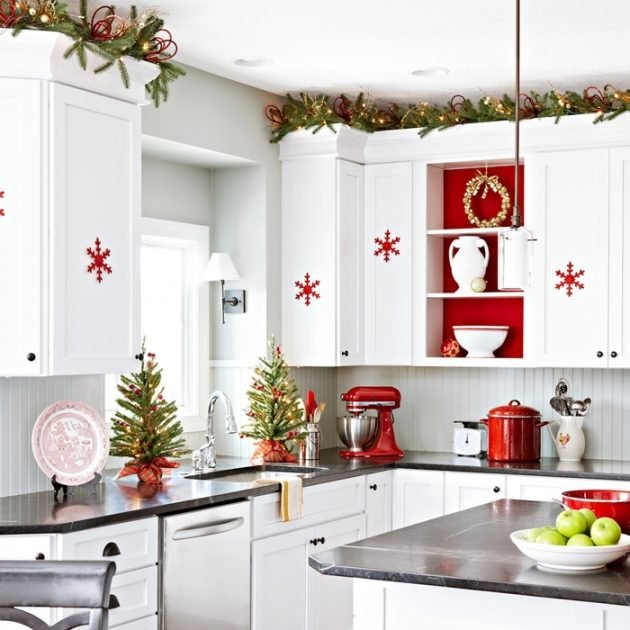 Kitchen with cream cabinets, plush velvet pull tabs, deep teal accents, soft diffused lighting, luxe holiday feel