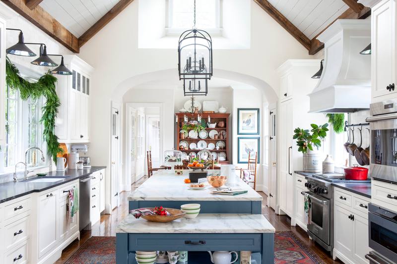 Kitchen with ivory cabinets, natural rattan handles, soft natural lighting, earthy holiday texture