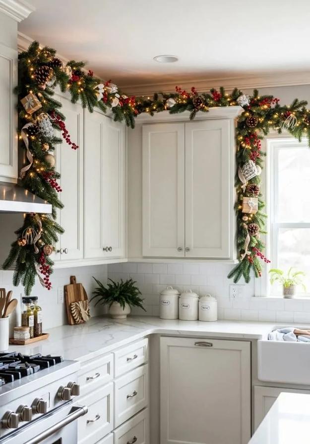 Kitchen with charcoal cabinets, frosted glass door panels, soft LED lighting, modern festive aesthetic