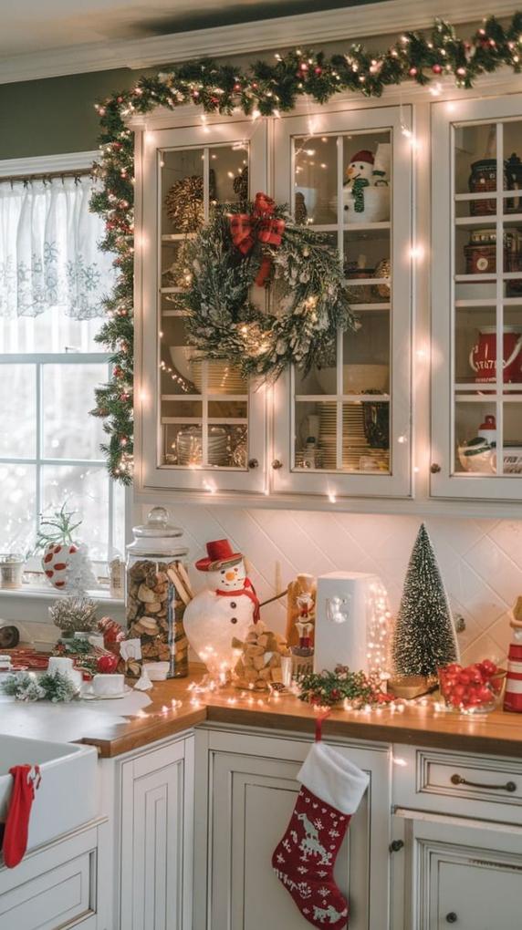 Kitchen with dark walnut cabinets, red‑black plaid fabric wraps, cozy lighting, classic holiday pattern