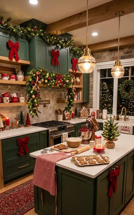 Kitchen with soft sage cabinets, miniature evergreen sprig handles, natural wood knobs, cool daylight, fresh holiday look