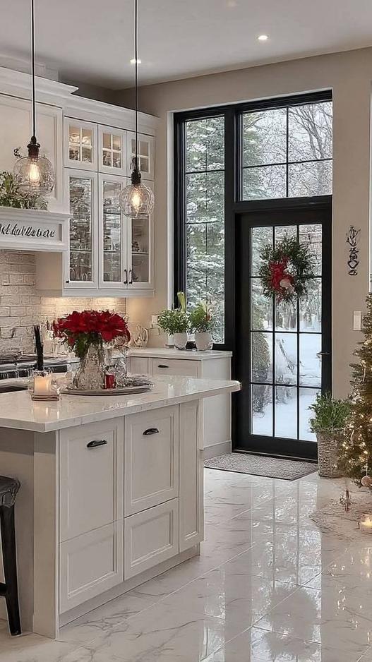 Kitchen with deep teal cabinets, clear glass orb ornaments, soft amber lighting, elegant holiday centerpiece
