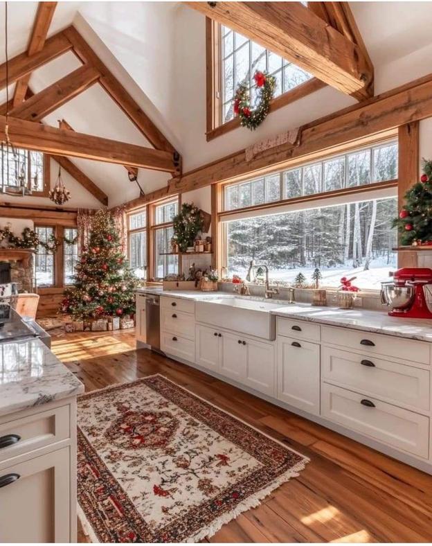 Kitchen with white shaker cabinets, reclaimed copper pipe shelving, industrial holiday vibe, warm ambient lighting