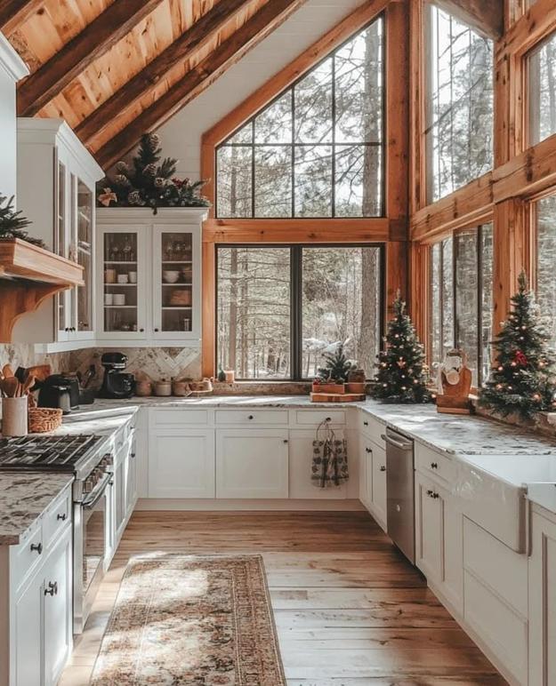 Kitchen with pastel mint cabinets, peppermint red‑white striped liners, soft diffused lighting, playful holiday detail