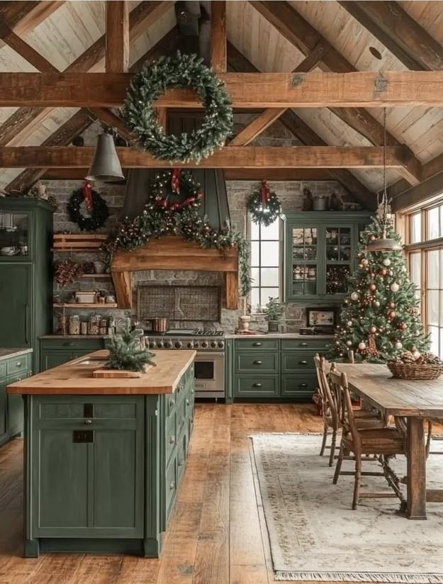 Kitchen with light oak cabinets, pine‑cone wall sconces, warm amber glow, rustic holiday illumination