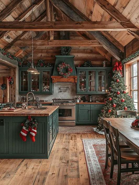 Kitchen with cream cabinets, brushed gold cable shelving, warm ambient lighting, luxe holiday display