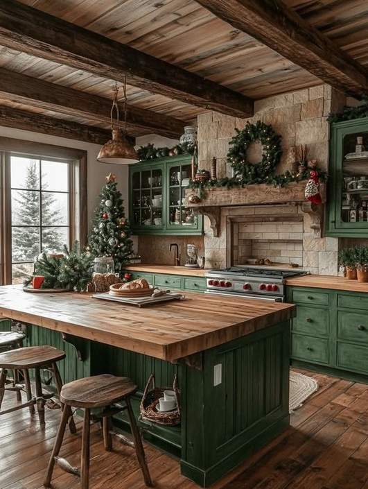 Kitchen with matte black cabinets, frosted pine‑cone shaped handles, soft warm lighting, subtle holiday texture