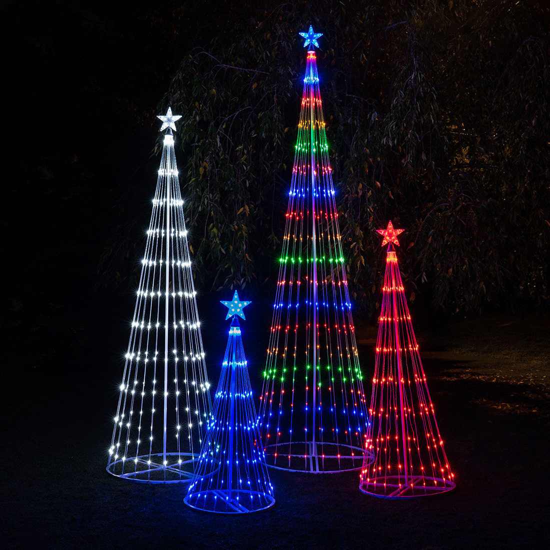 Large outdoor trees wrapped in synchronized outdoor christmas decorations and warm fairy lights.